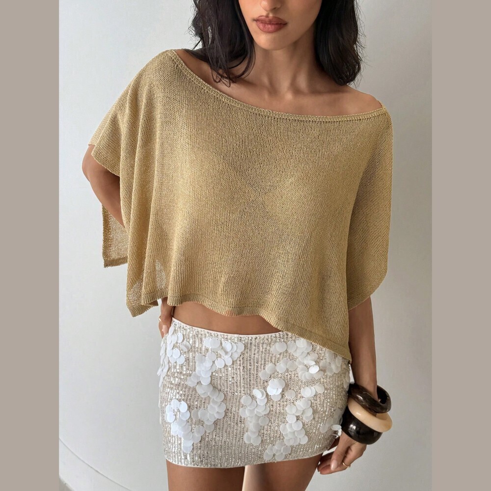 Tan Loose Knit Off-Shoulder Boxy Crop Sweater